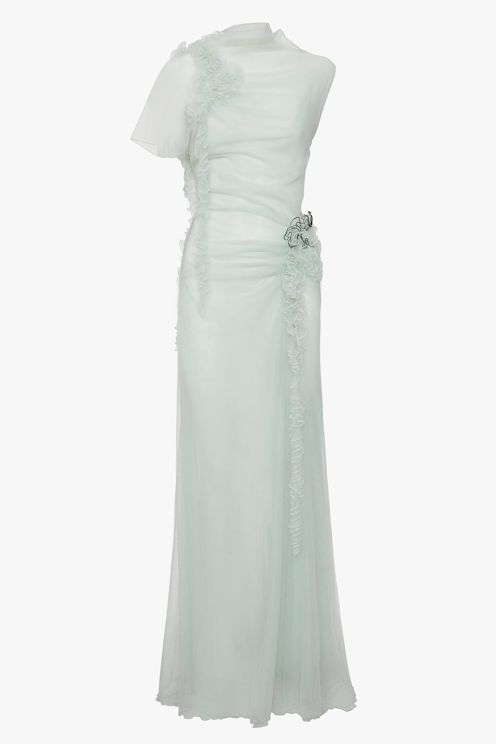 Gathered Tulle Detail Floor-Length Dress In Jade