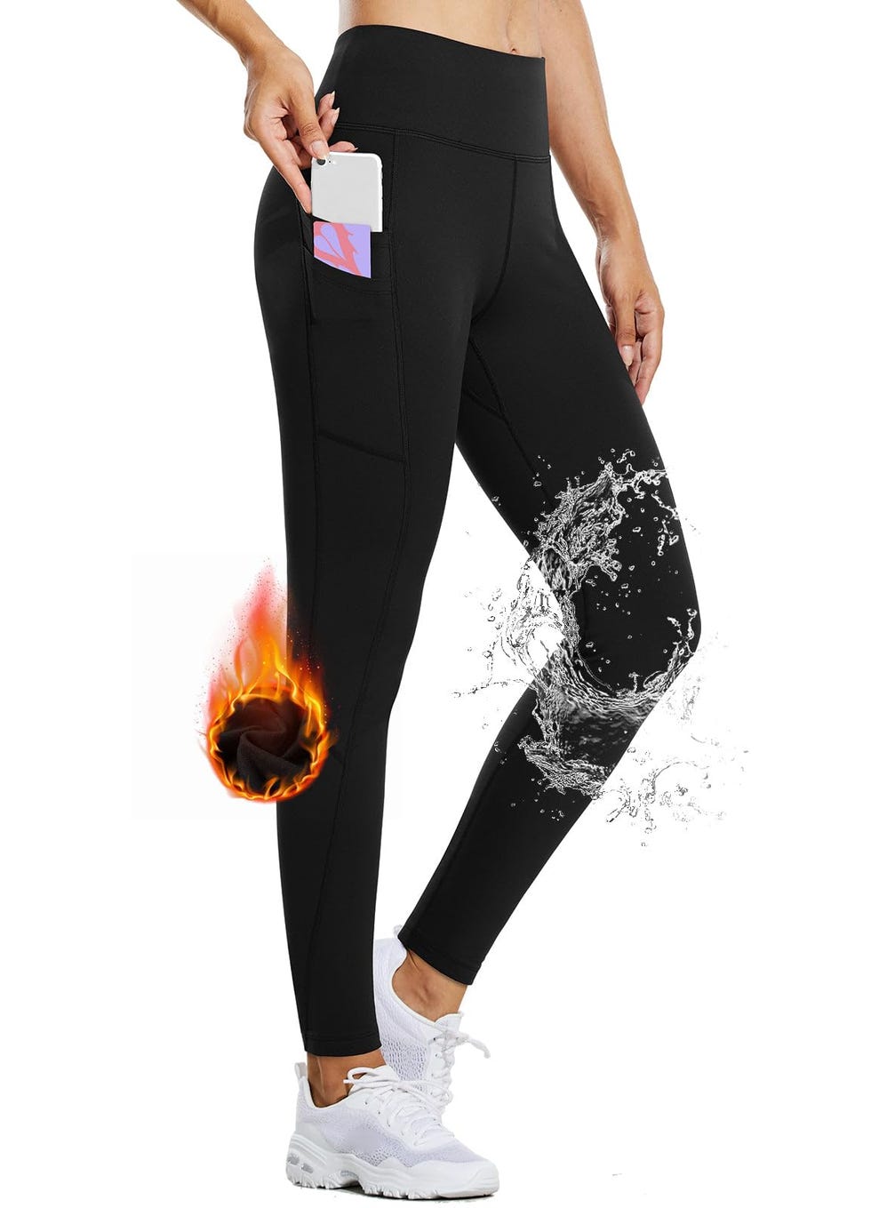 BALEAF Leggins Termici Donna Impermeabile Vita Alta Pantaloni Invernali Sportivi Felpati Leggings Caldi Trekking con Tasche Nero XL