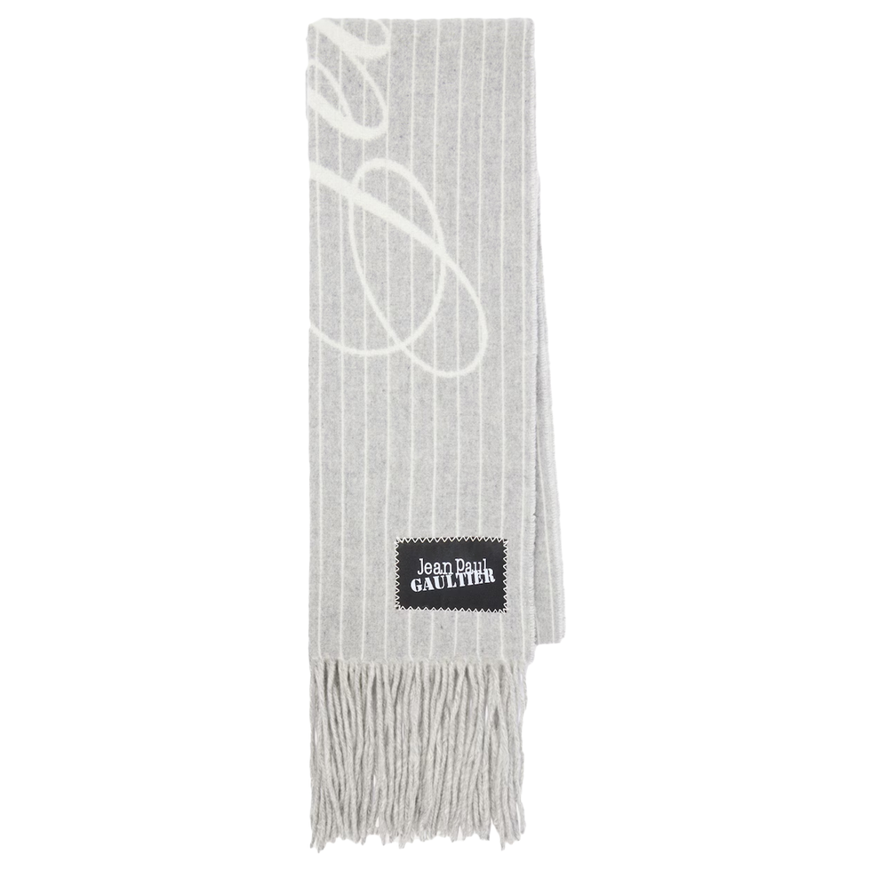 Logo Pinstripe Fringed Wool Scarf