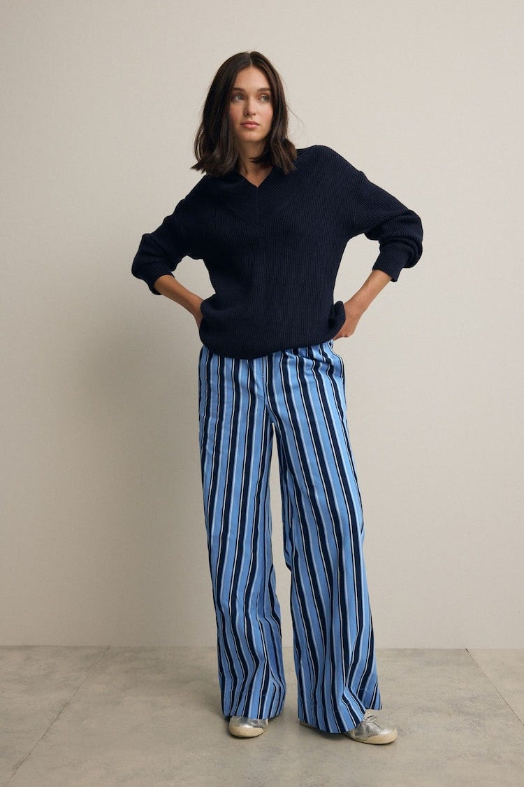 Blue Pull On Stripe Wide Leg Trousers