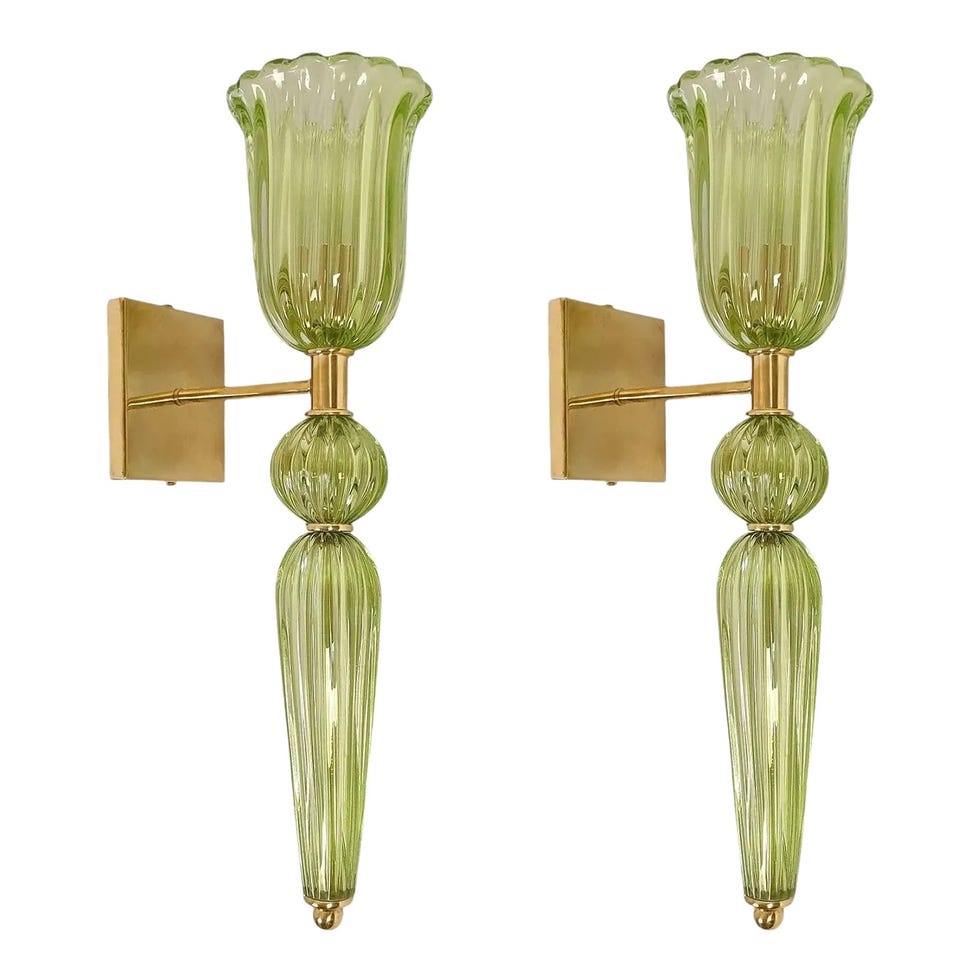 Pair of 1980s Neoclassical Green Murano Glass Sconces