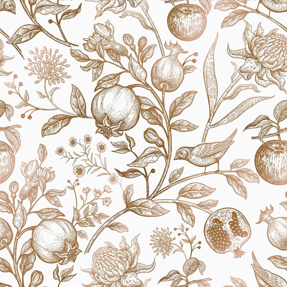 Papel pintado de flores, granadas y aves