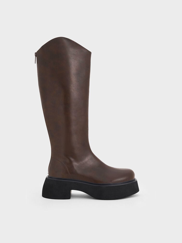 Cowboy Platform Knee-High Boots - Dark Brown