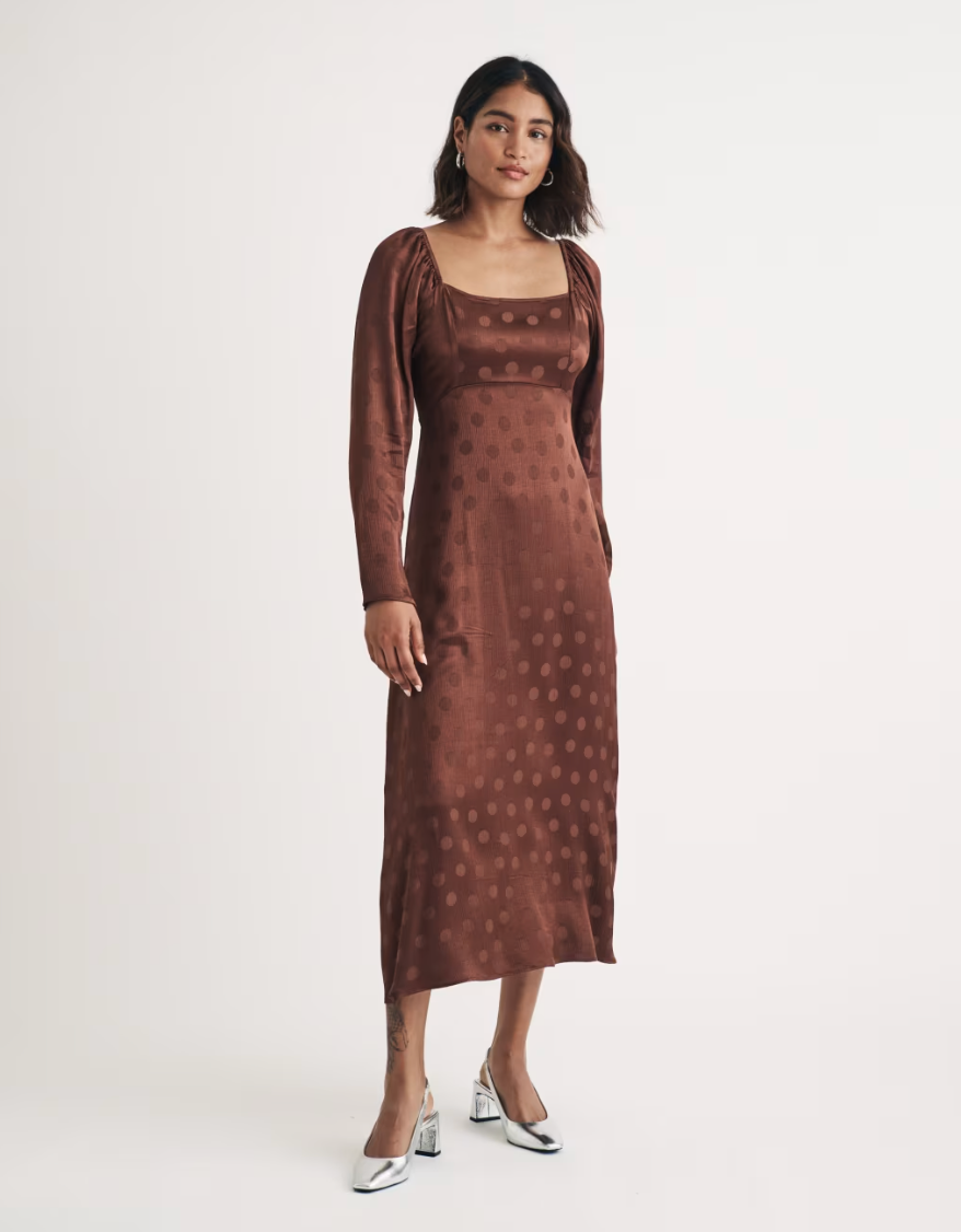 Jacquard Spot Print Square Neck Midi Dress
