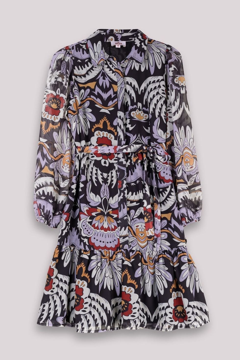 Vestido estilo camisero corto con estampado floral y volante
