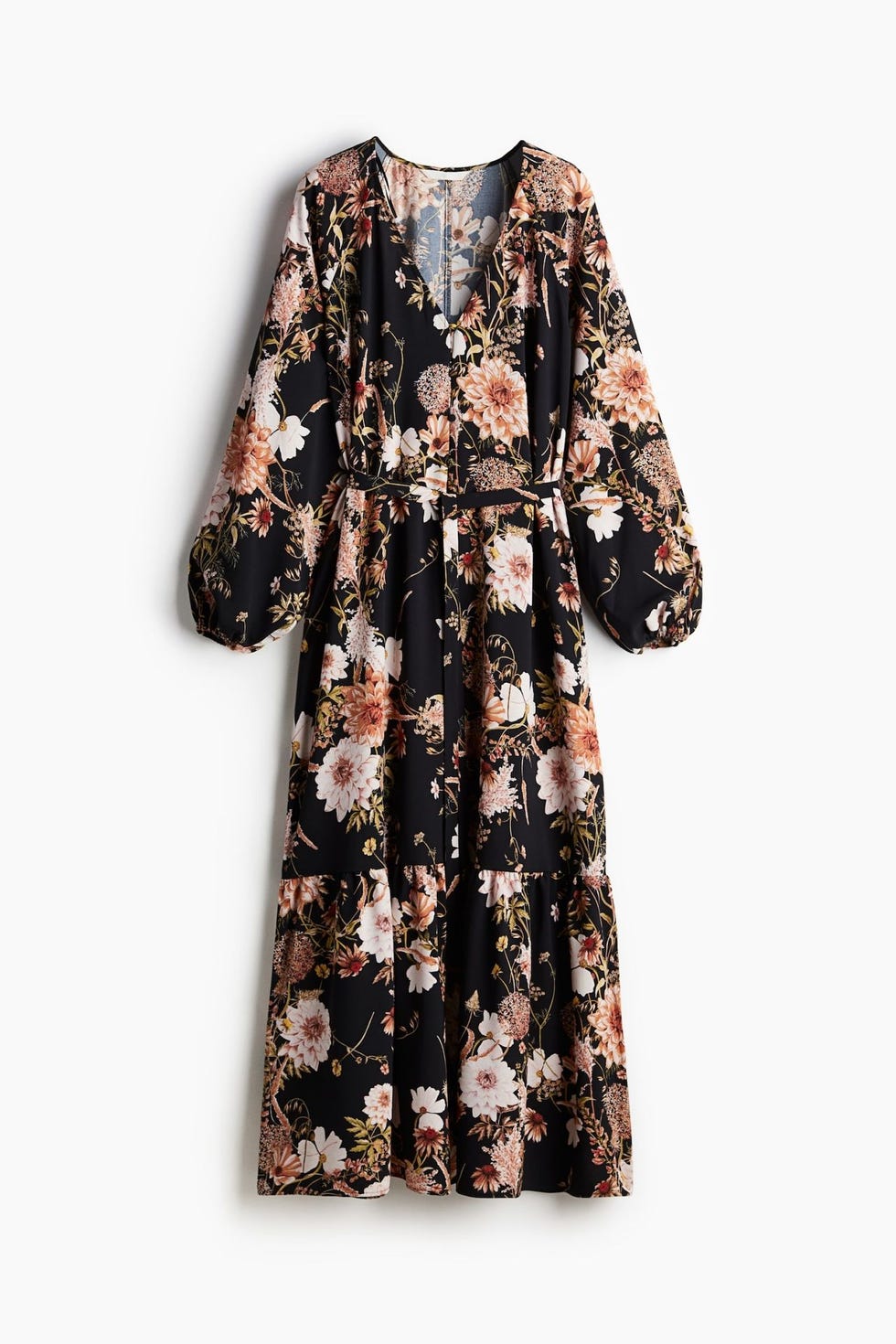 Vestido midi en crepé con mangas abullonadas y cinturón de anudar