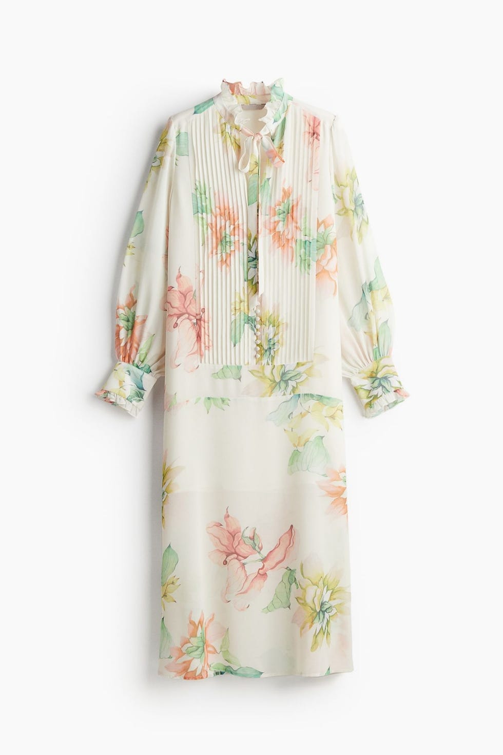 Vestido midi de gasa con cuello de volante y canesú con jaretas