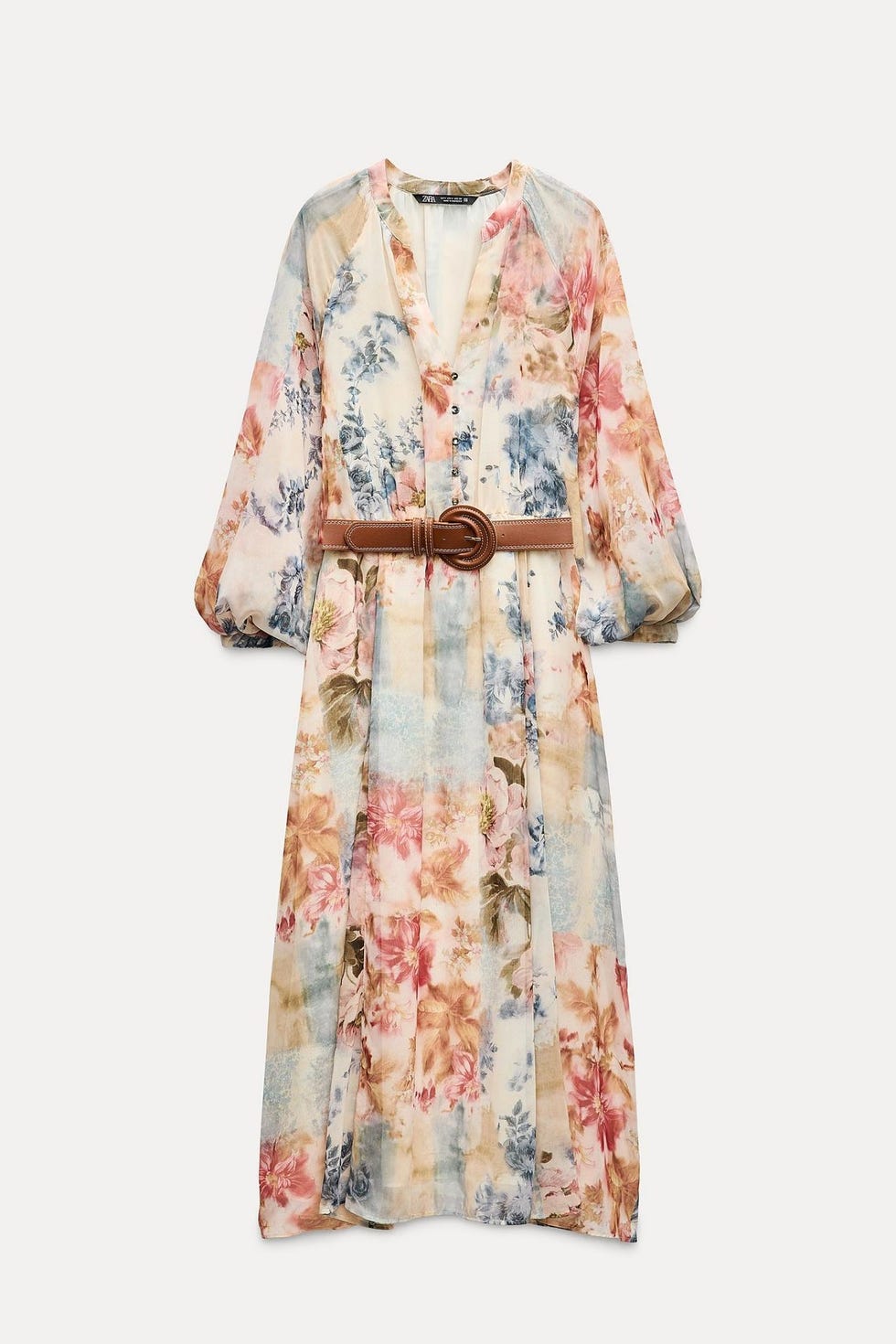 Vestido midi boho con escote en pico, mangas abullonadas y cinturón