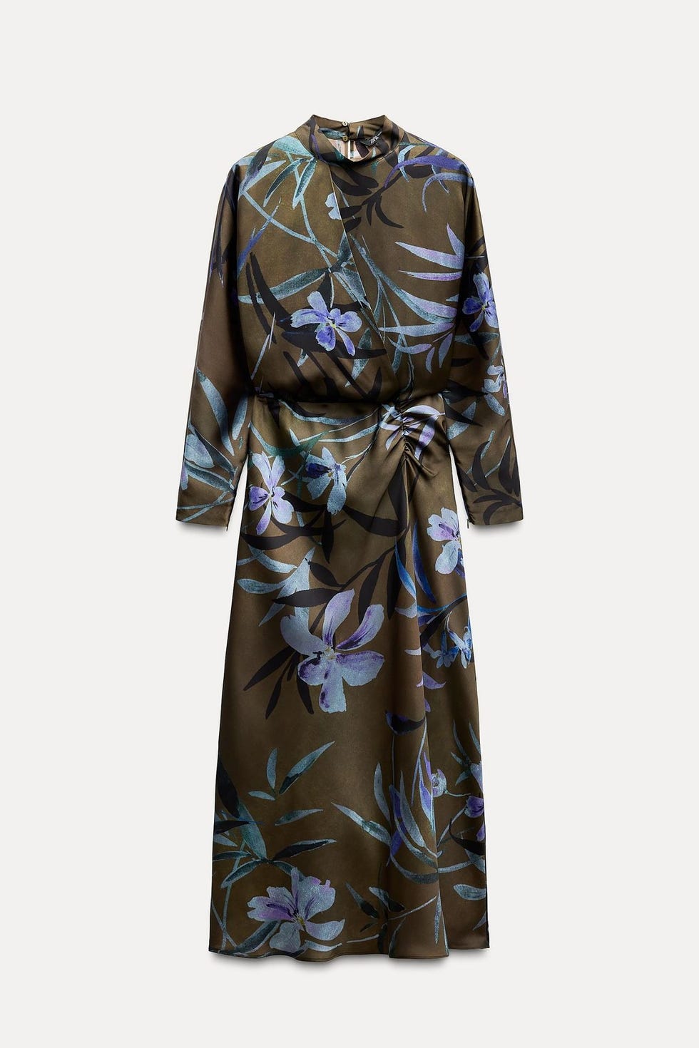 Vestido midi satinado con cuello subido y detalle de frunces delanteros