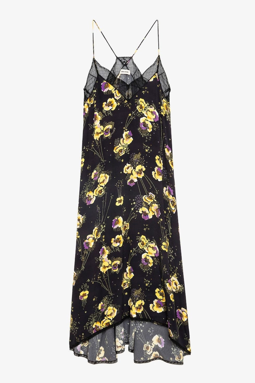Vestido lencero con print floral, bajo asimétrico y escote de encaje