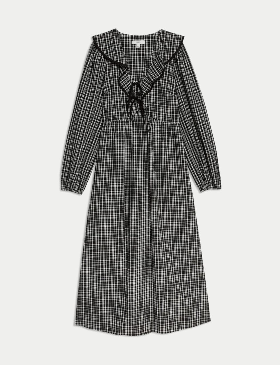 Checked V-Neck Ruffle Midi-Waisted Dress