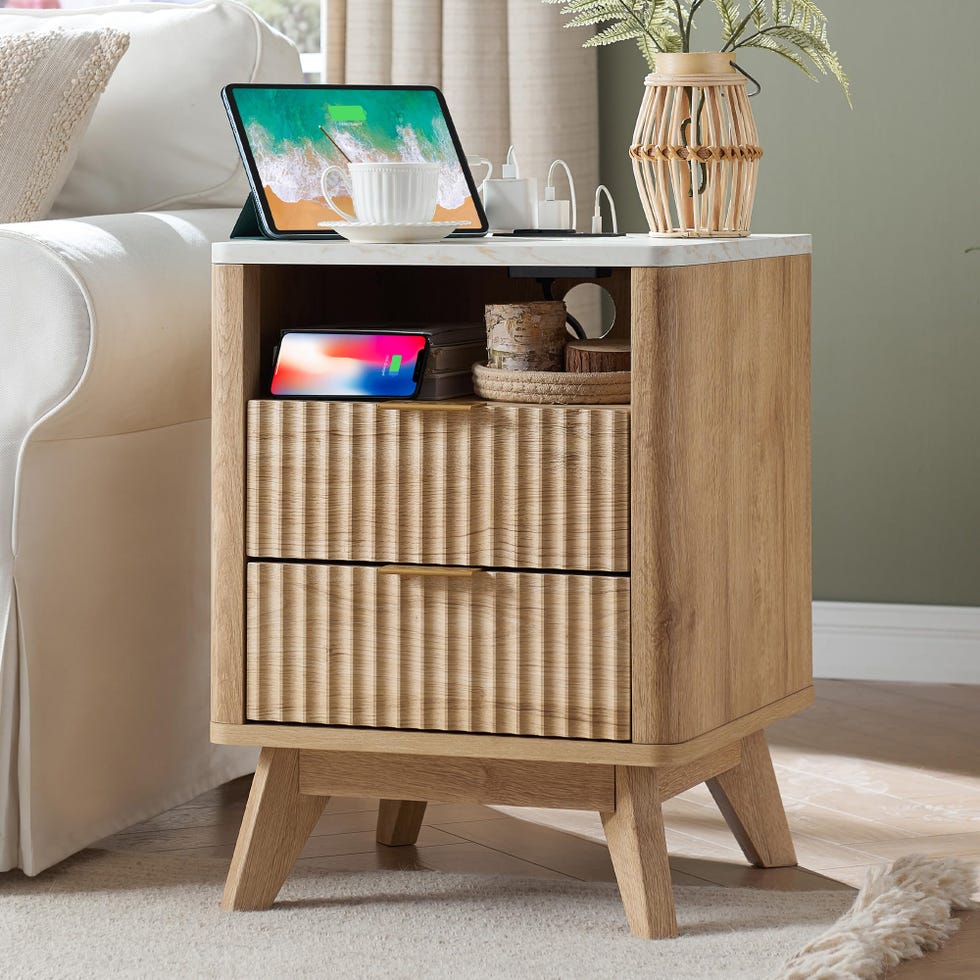 Fluted Nightstand with Charging Station