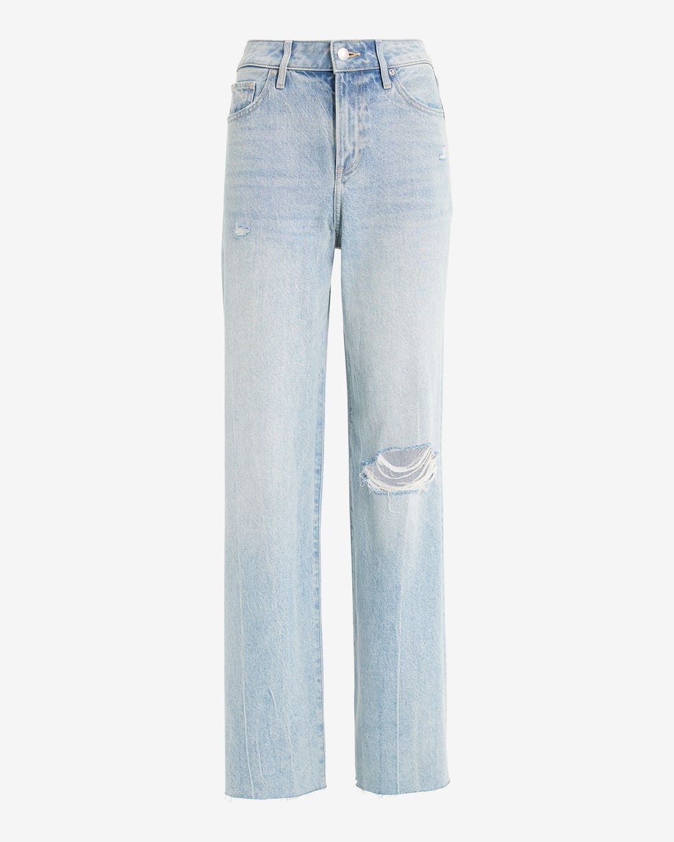 High Waisted Light Wash 50/50 Rigid Stretch Ripped Wide Leg Jeans