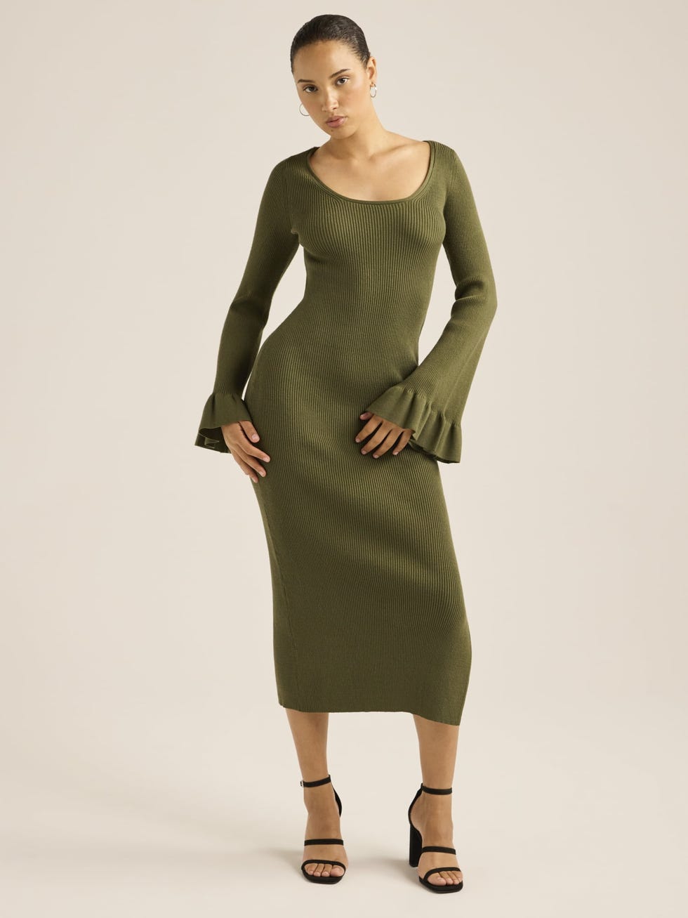 Midi Sweater Dress with Ruffled Bell Sleeves