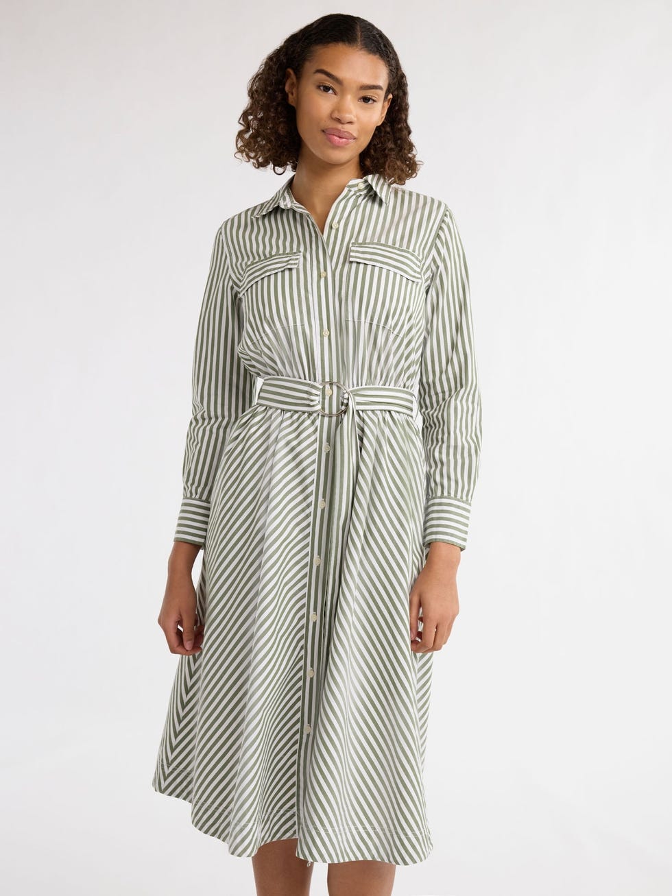 Belted Cotton Midi Shirtdress with Long Sleeves