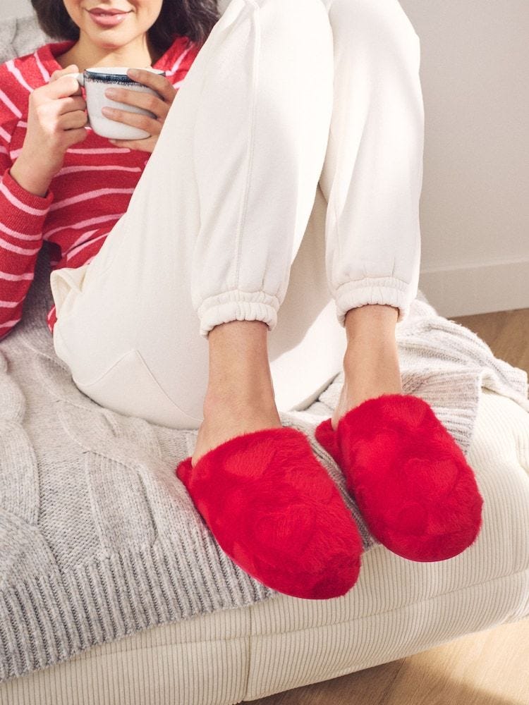 Red Faux Fur Carved Heart Mule Slippers