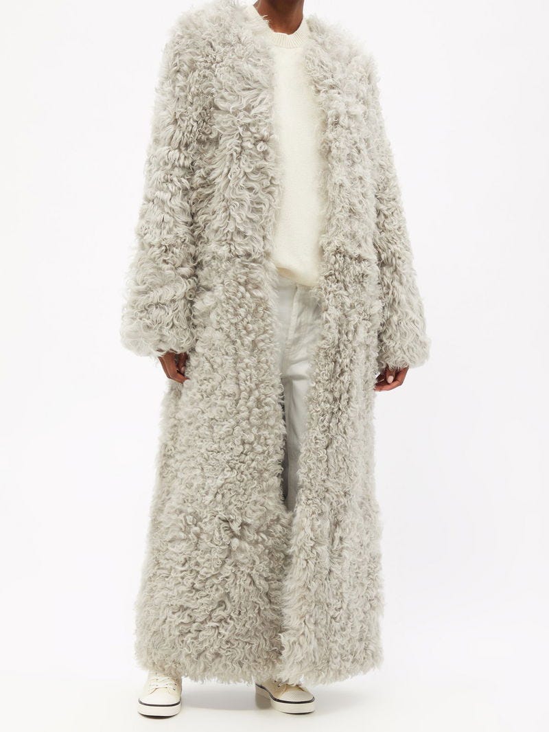 Collarless Curly Shearling Maxi Coat