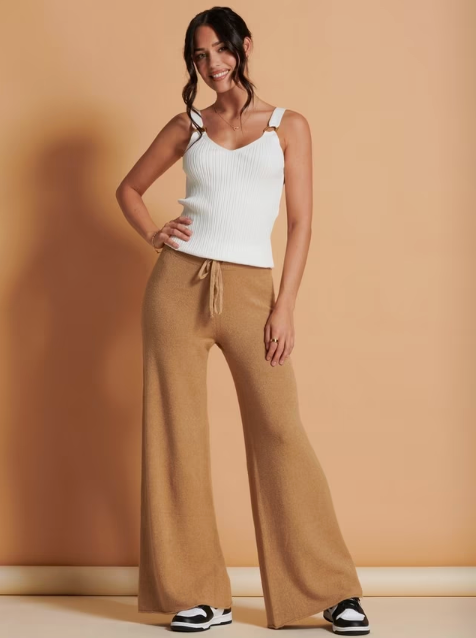 Jolie Moi Soft Knit Wide Leg Trousers  Camel
