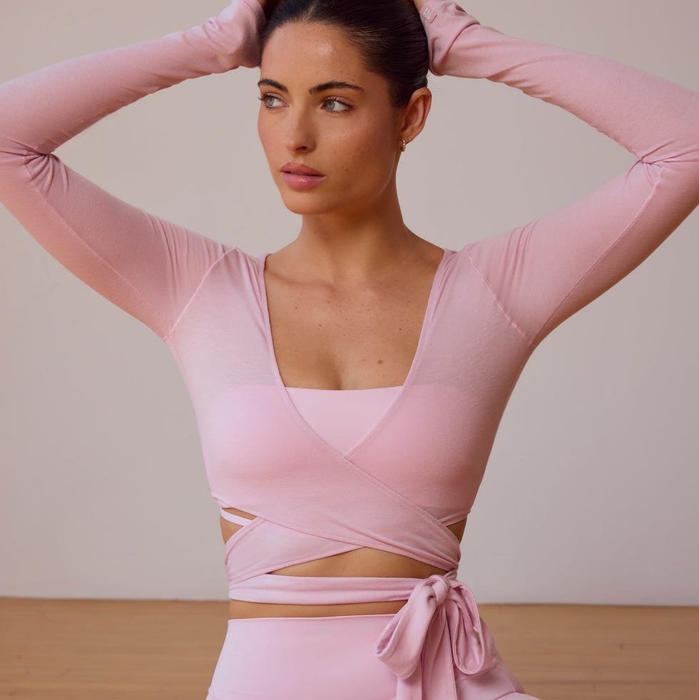 Long-Sleeve Wrap Crop Top in Soft Pink Long-Sleeve Wrap Crop Top in Soft Pink