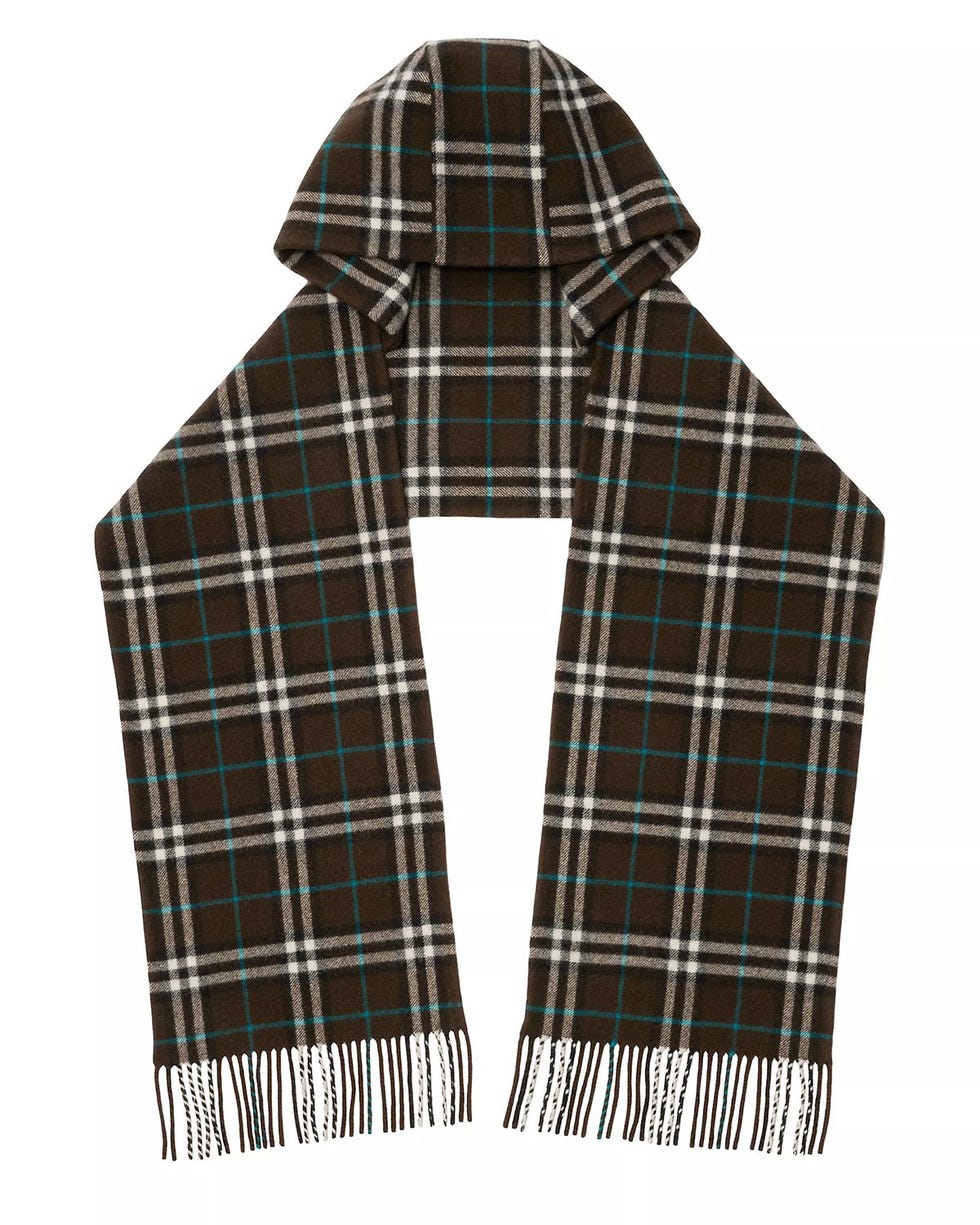 Check Hooded Cashmere Fringe Scarf  