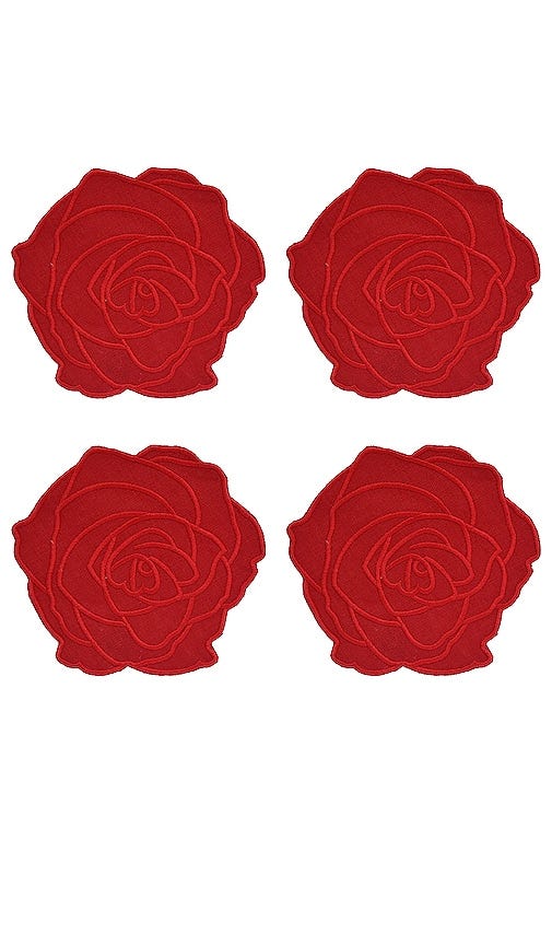 Chefanie Red Rose Cocktaill Napkins Set Of 4 in Red.