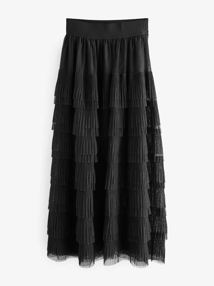 Black Mesh Tulle Midi Skirt