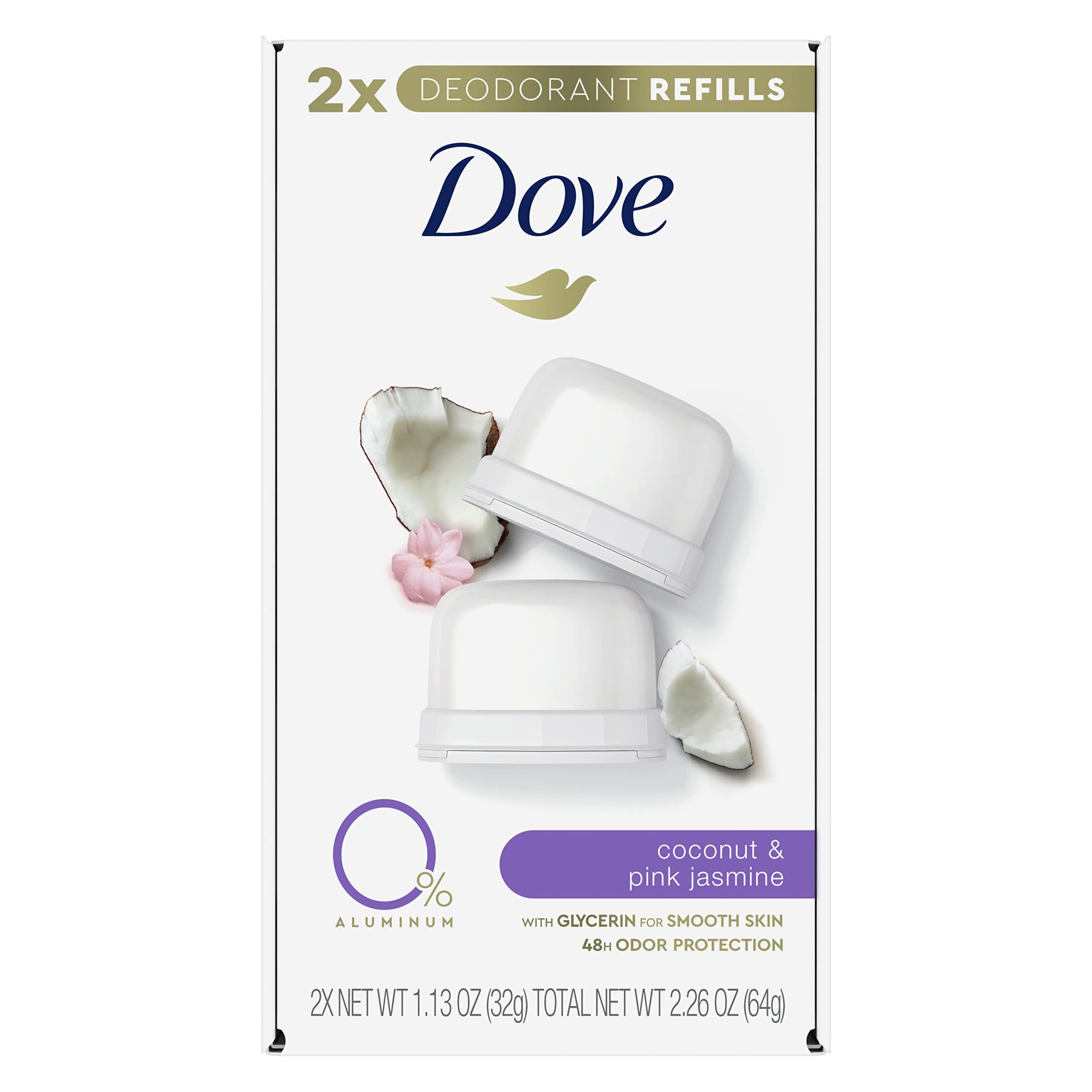 dove refillable deodorant starter kit coconut & pink jasmine aluminum free deodorant, 1.13 oz