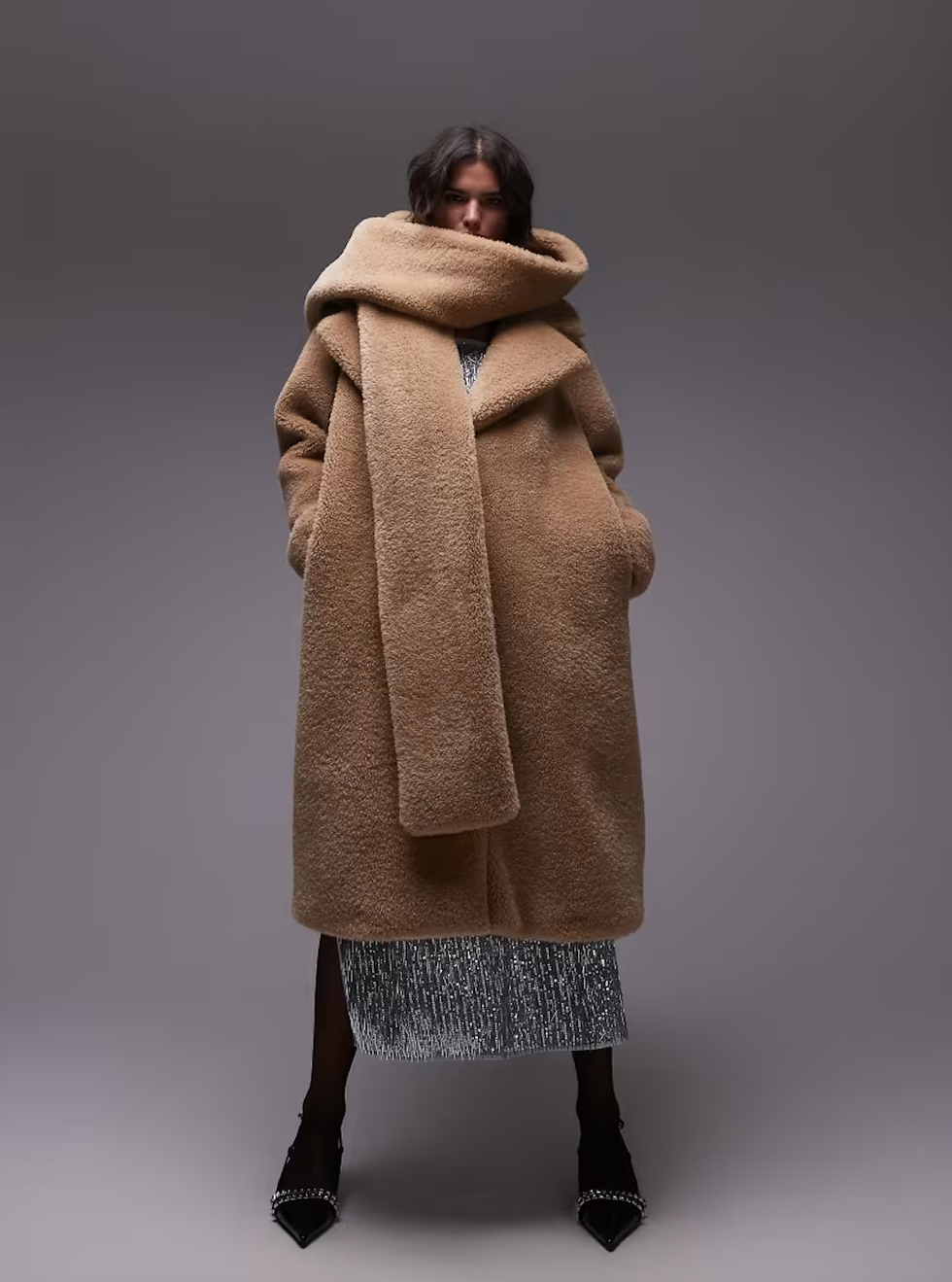 Super oversized statement Borg coat with hooded scarf