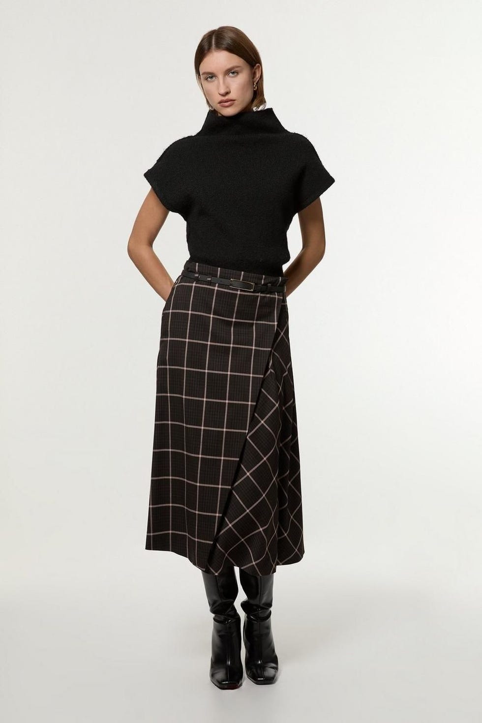 Check Pleated Kilt Belted Midi Skirt