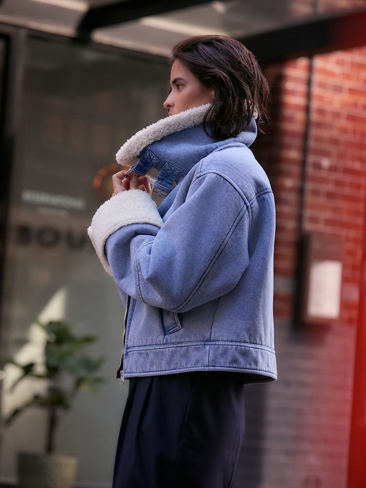 Mid Blue Borg Lined Denim Jacket