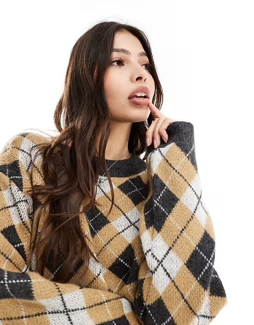 DESIGN fluffy boxy jumper in argyle knit
