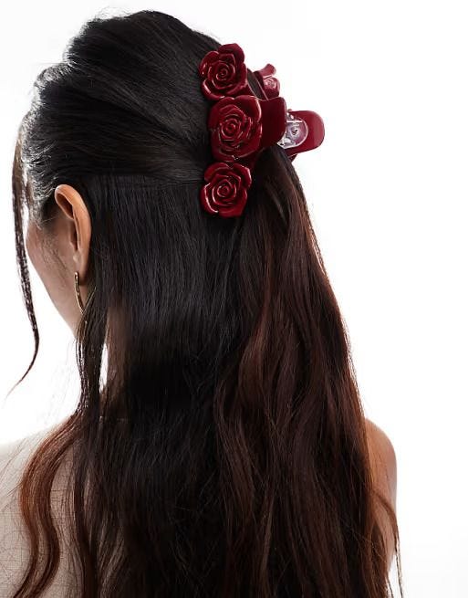 DESIGN Hair Claw with Rose Detail in Burgundy