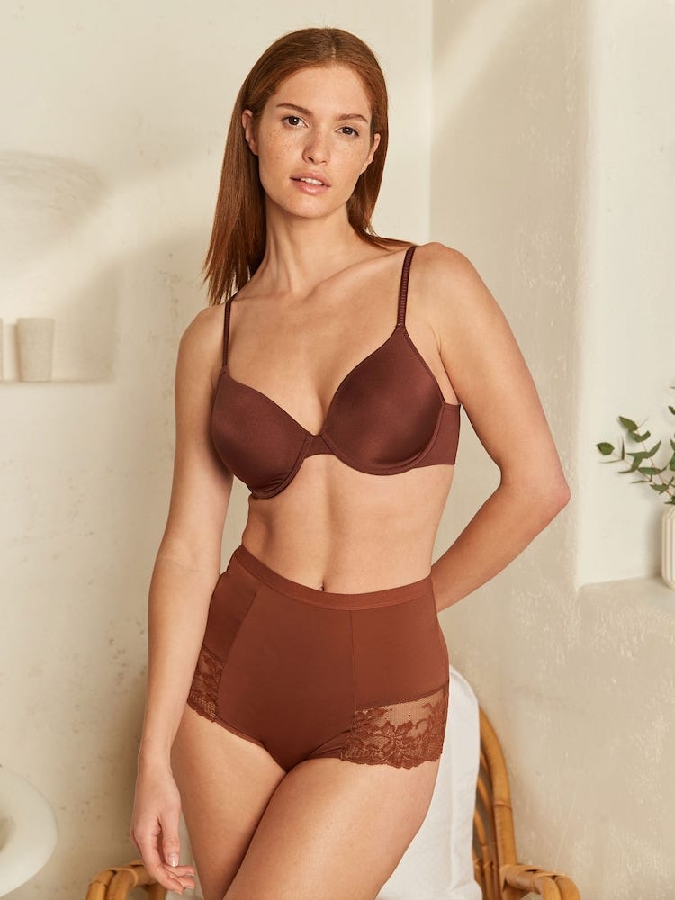 Caramel Nude Print Tummy Control Shaping Lace Back Brazilian Knickers 2 Pack