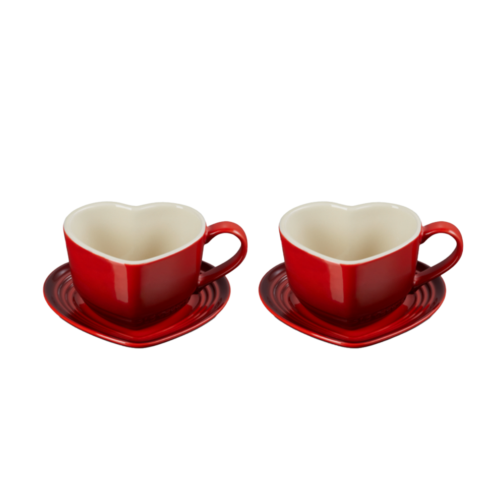 Stoneware Set of 2 Heart Mugs with Saucers