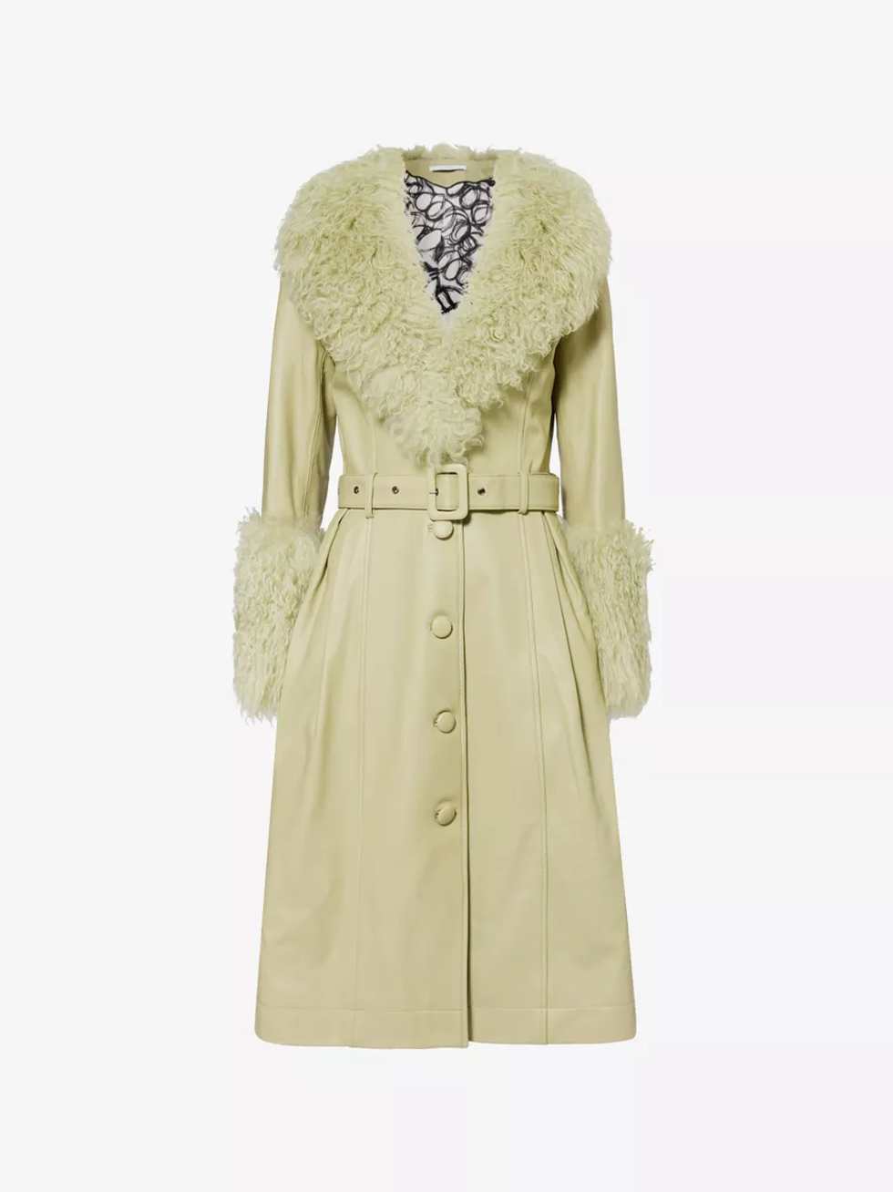 Foxy shearling-trim long leather coat