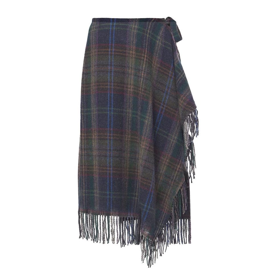 Fringed Plaid Wool-Blend Wrap Skirt