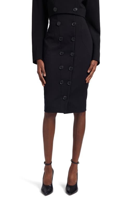 Button Front Stretch Wool Pencil Skirt 