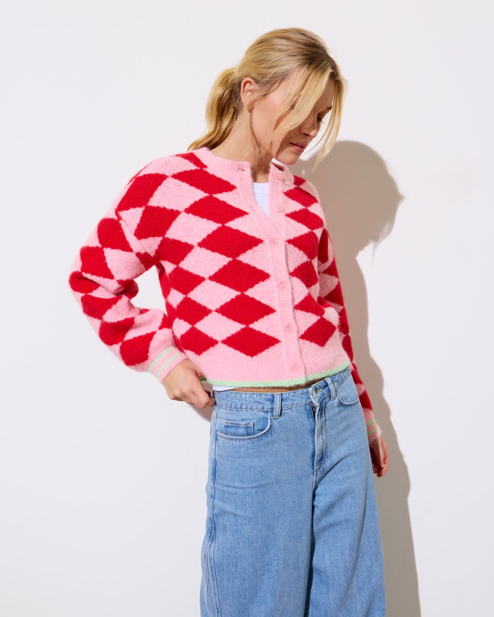 Pink & Red Diamond Knitted Cardigan
