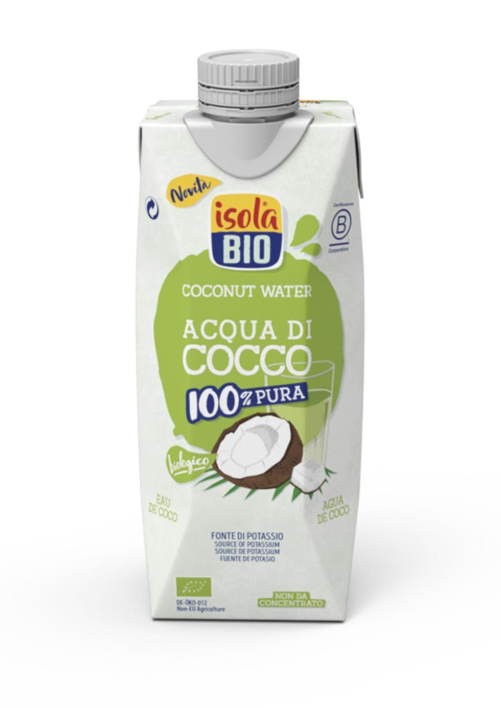 ISOLA BIO Acqua di Cocco Biologica 100% Pura, Fonte di Potassio, Senza Zuccheri Aggiunti, Senza Glutine, a Basso Contenuto di Grassi, per Vegetariani e Vegani, Confezione da 500 ml