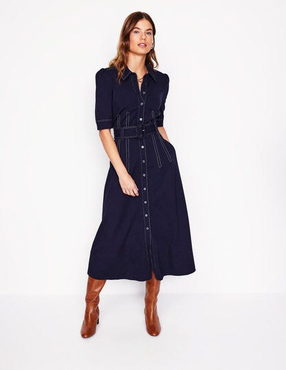 Anita Belted Ponte Shirt Dress Navy