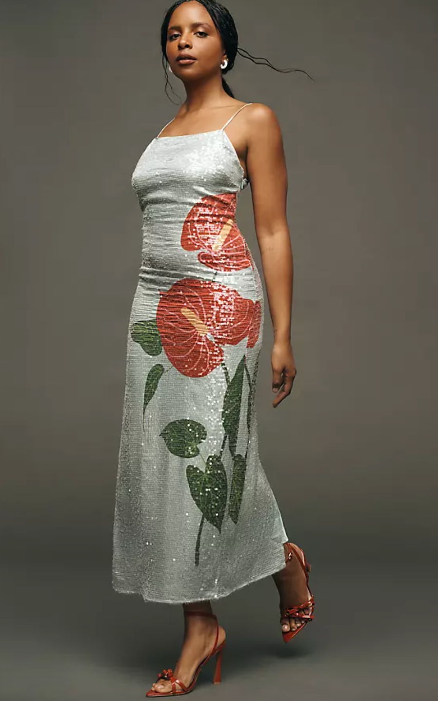 Sequin Blue Anthurium Flowers Midi Slip Dress