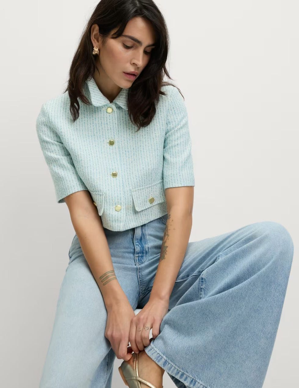 Powder Blue Cotton Rich Striped Short Jacket