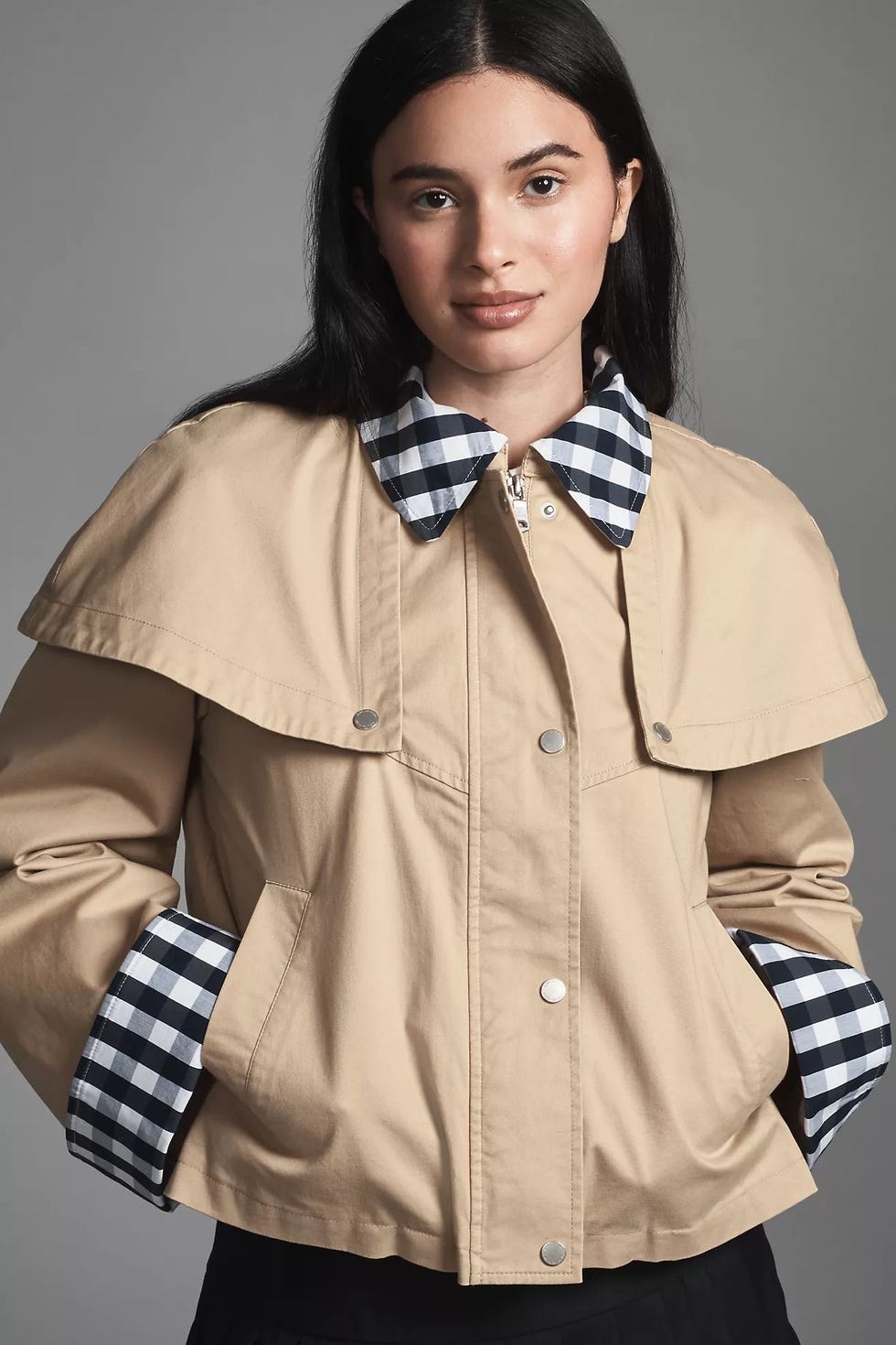 Gingham-Trim Cape Jacket