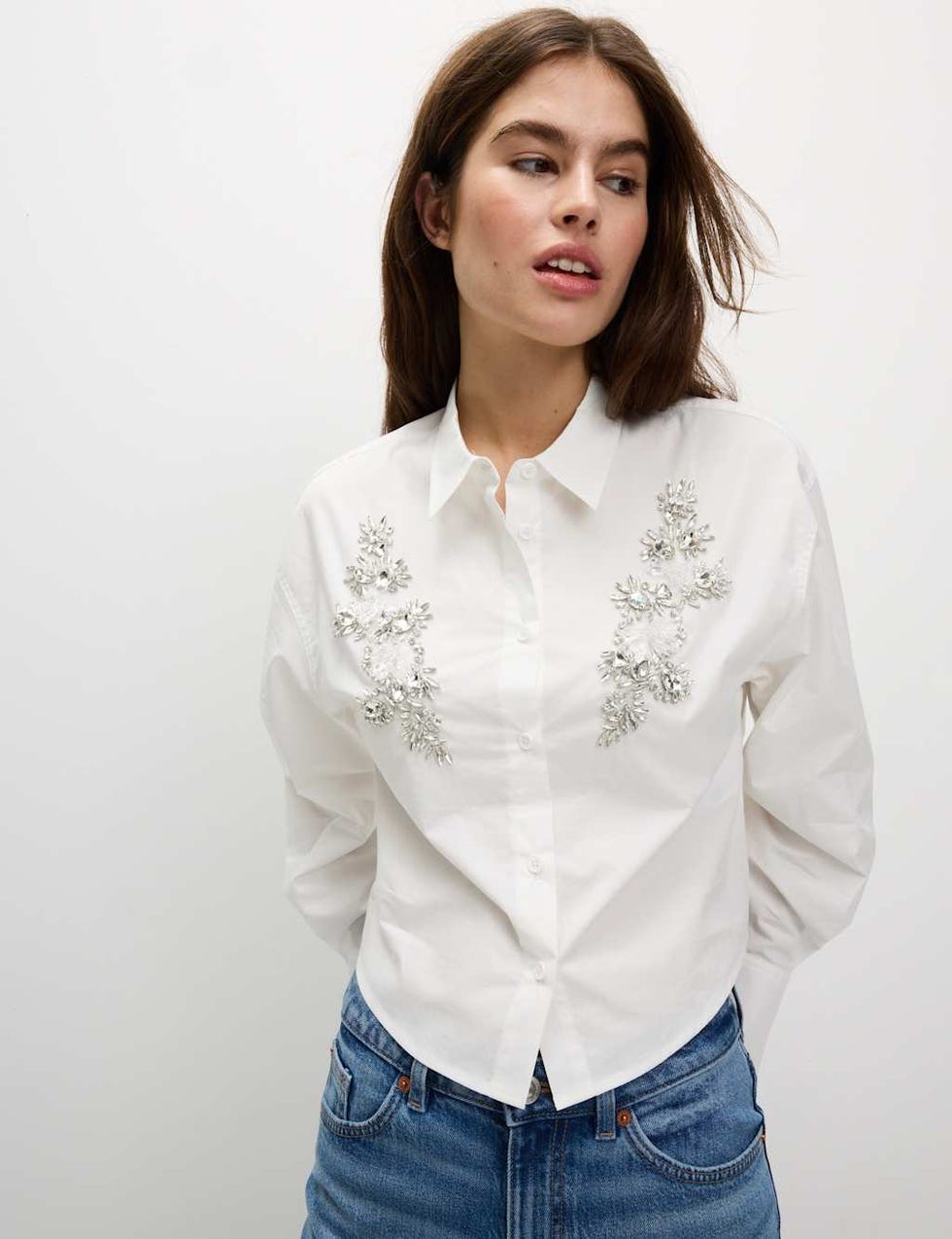 Pure Cotton Embellished Collared Crop Shirt