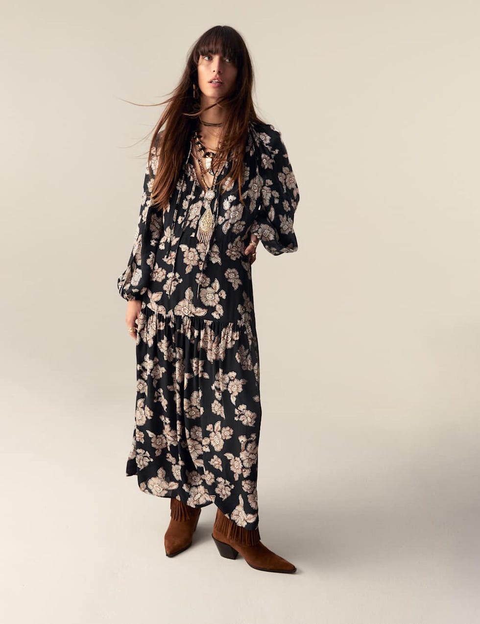 Crepe Floral Tie-Neck Midaxi Waisted Dress