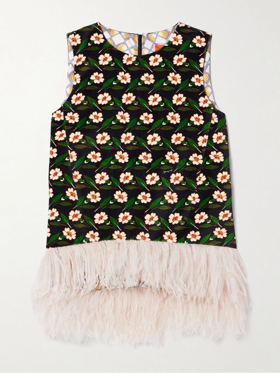 feather-trimmed floral top