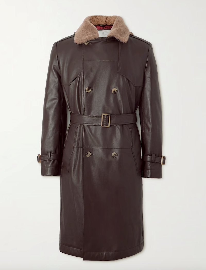 Double-Breasted Shearling-Trimmed Leather Trench Coat