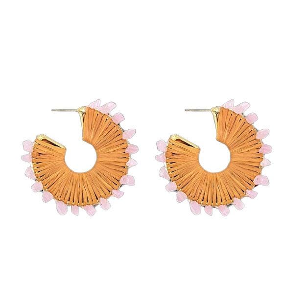 Tan Woven Hoop with Pink Crystals
