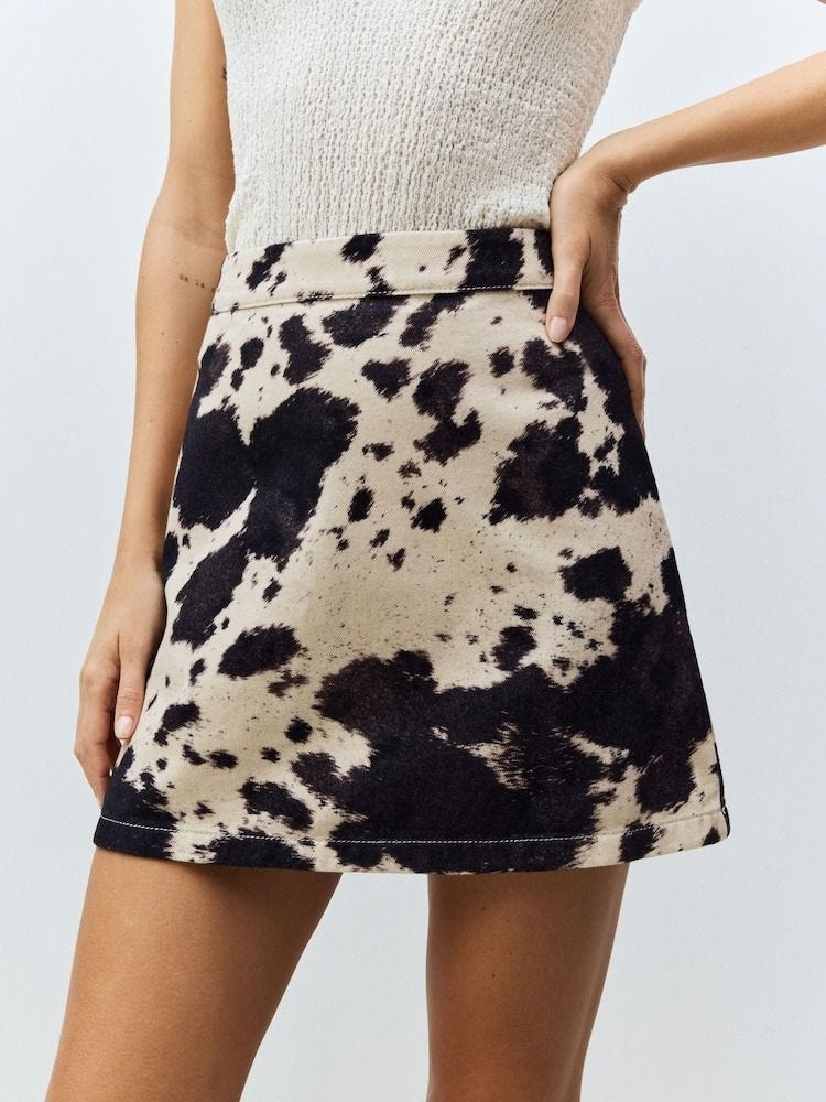 Cow Print Denim Mini Skirt