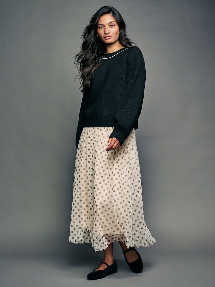 Ecru Spot Mesh Tulle Midi Skirt